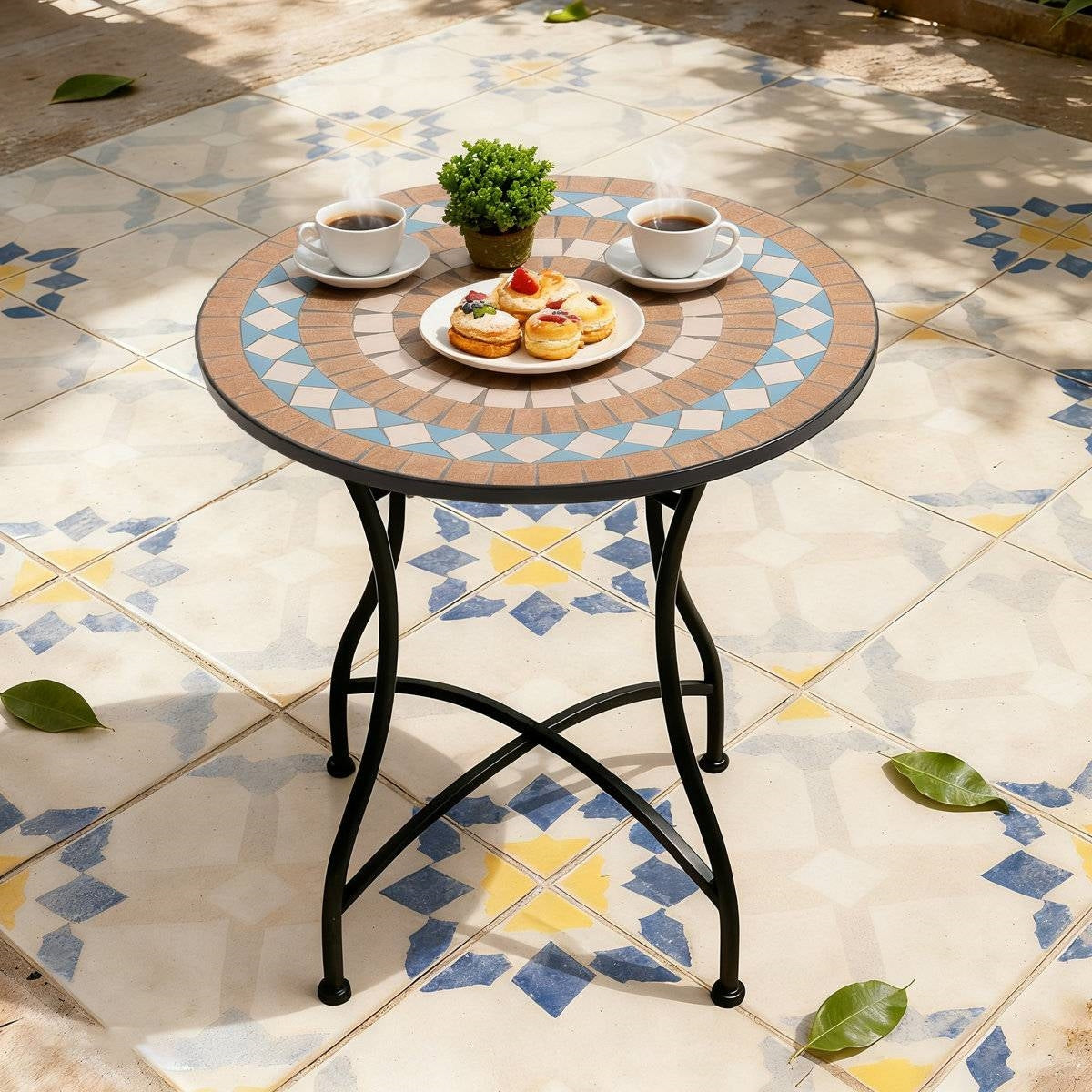 Round 24-inch Blue Beige Mosaic Tile Pattern Bistro Table with Black Metal Legs