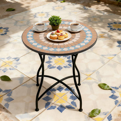 Round 24-inch Blue Beige Mosaic Tile Pattern Bistro Table with Black Metal Legs