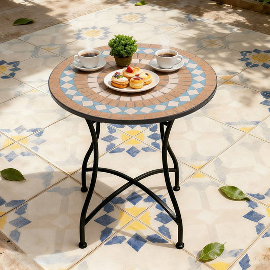 Round 24-inch Blue Beige Mosaic Tile Pattern Bistro Table with Black Metal Legs