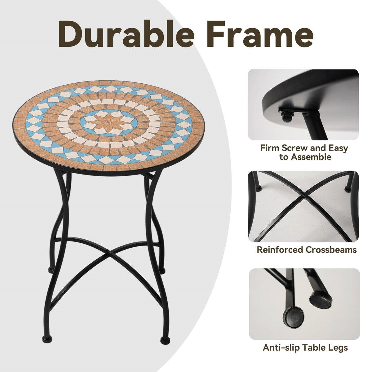 Round 24-inch Blue Beige Mosaic Tile Pattern Bistro Table with Black Metal Legs