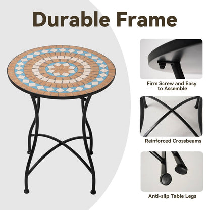Round 24-inch Blue Beige Mosaic Tile Pattern Bistro Table with Black Metal Legs